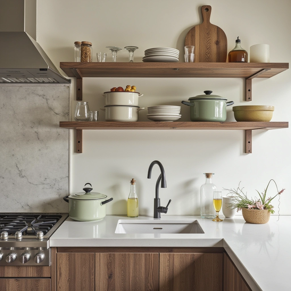 3. Open Shelving with Rustic Dishware