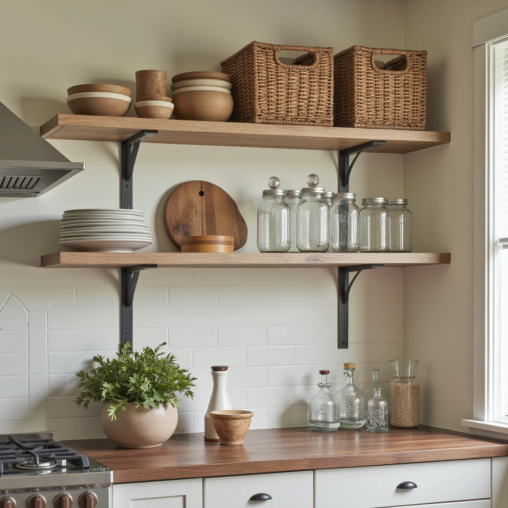 17. Open Shelving with Farmhouse Decor
