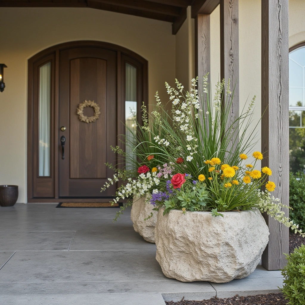2. Stone Planters with Wildflowers