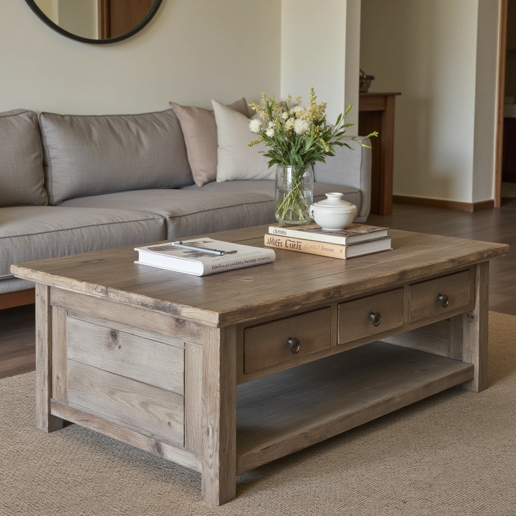3. Vintage Farmhouse Coffee Table with Distressed Finish