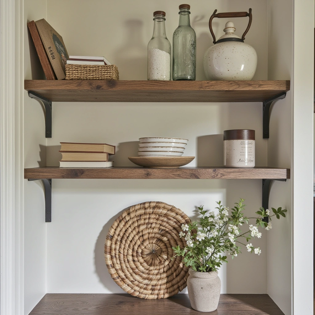 6. Open Shelving with Rustic Accessories