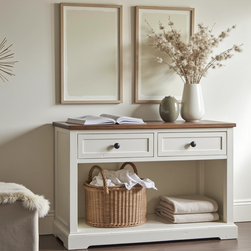18. Farmhouse-Style Console Table with Open Storage