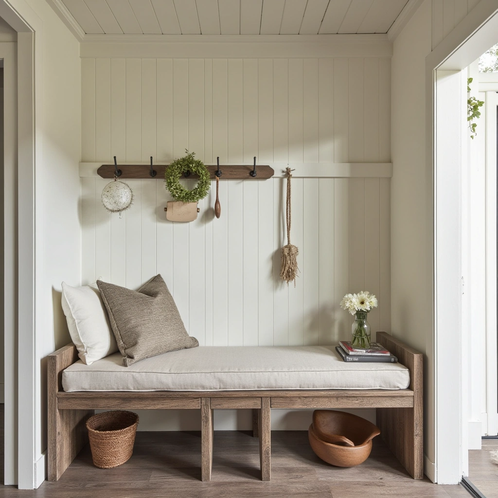 1. Rustic Wood Bench with Cushions