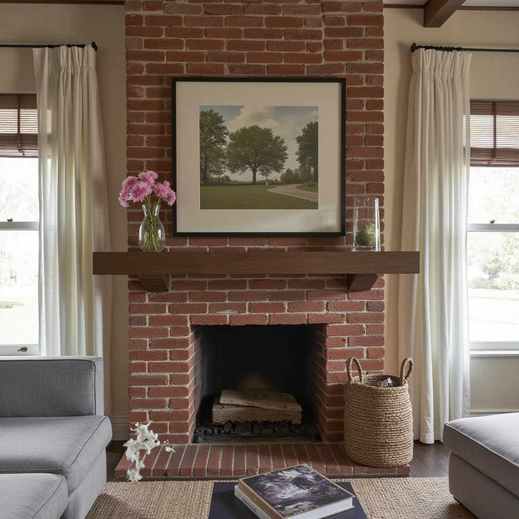 4. Exposed Red Brick Fireplace for Rustic Warmth