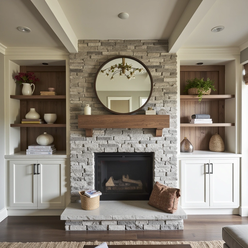 5. Stone Fireplace with Built-In Shelving