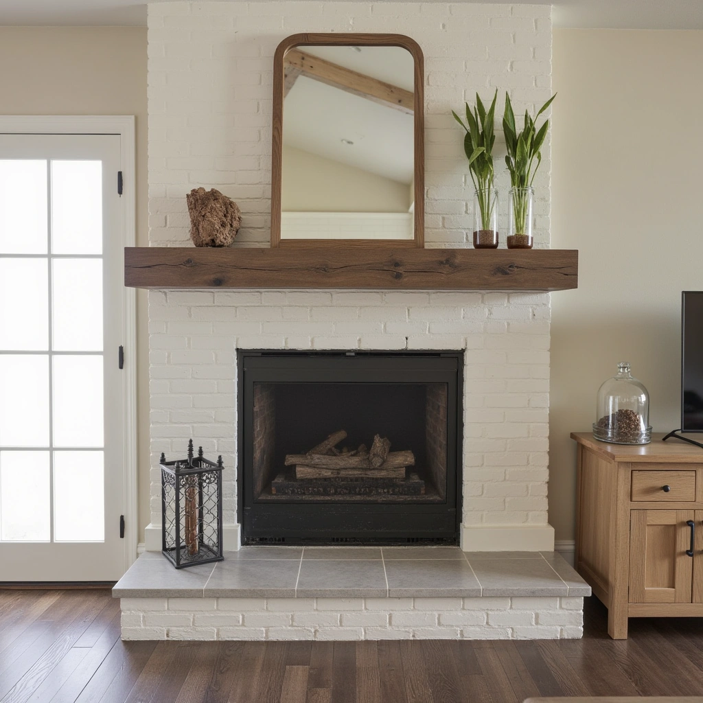 4. Reclaimed Wood Mantel with Stone Hearth