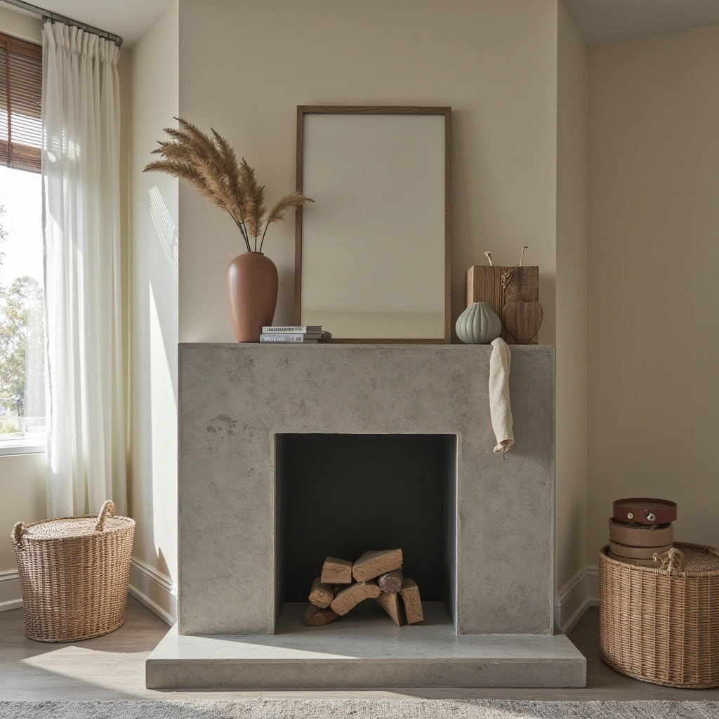 5. Smooth Concrete Fireplace with Farmhouse Decor