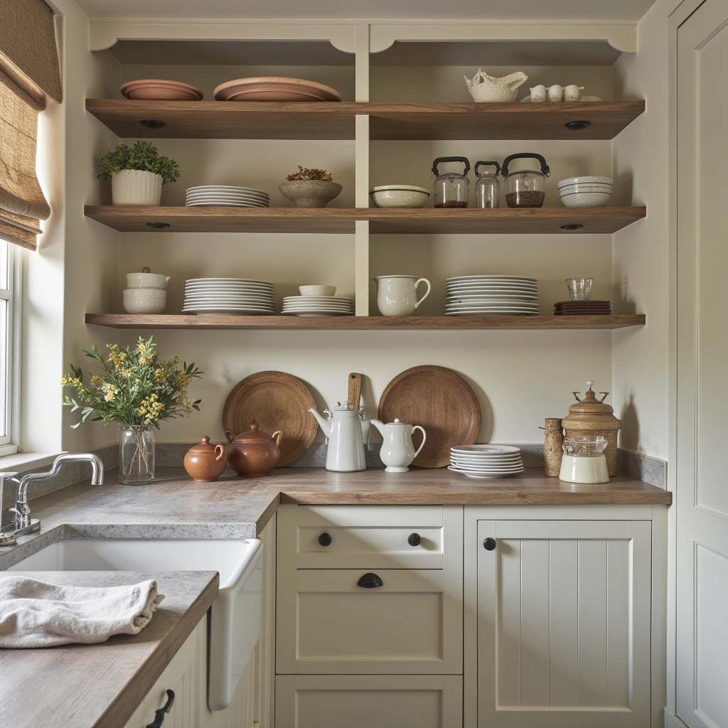 2. Open Shelving with Vintage Crockery
