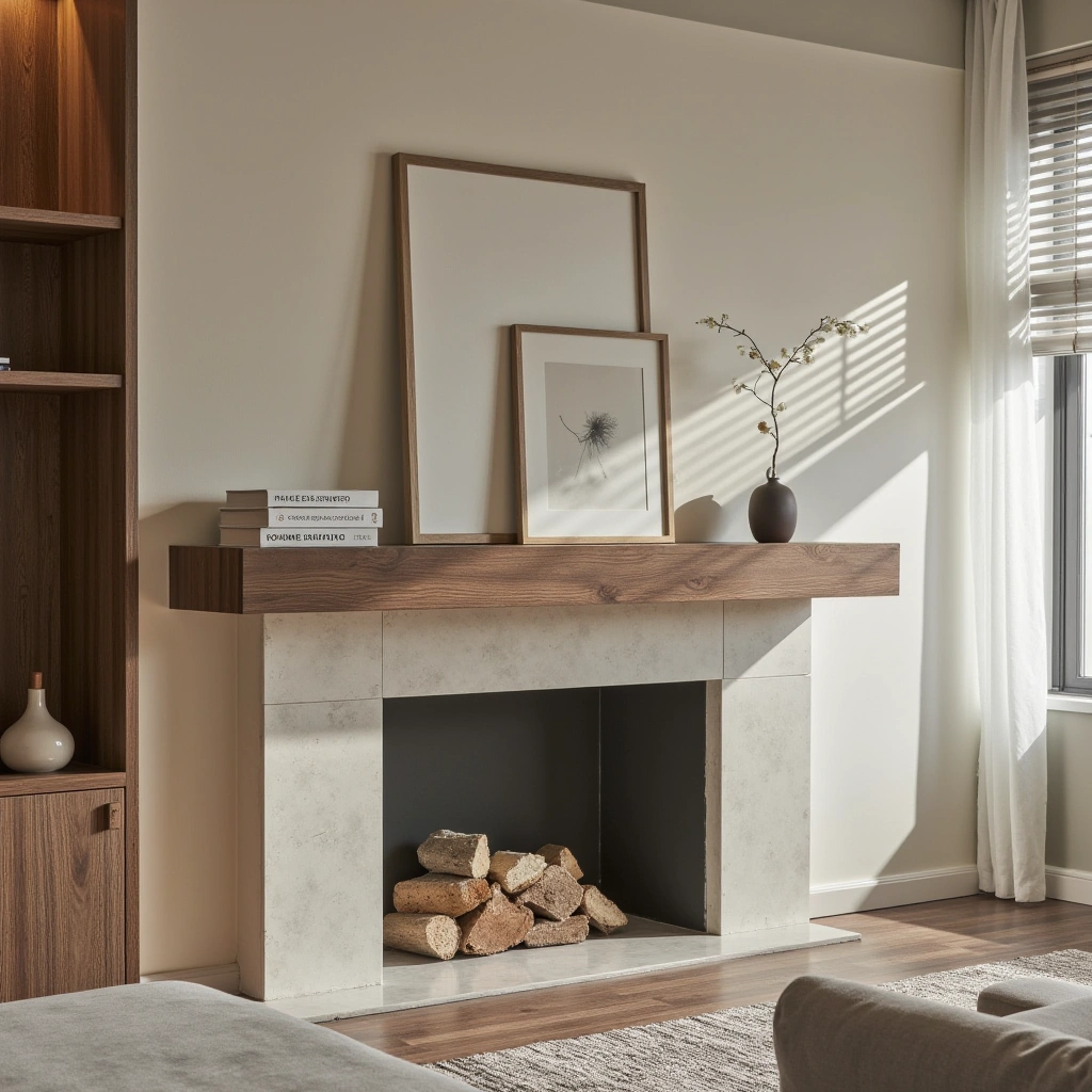 7. Minimalist Farmhouse Fireplace with Floating Mantel