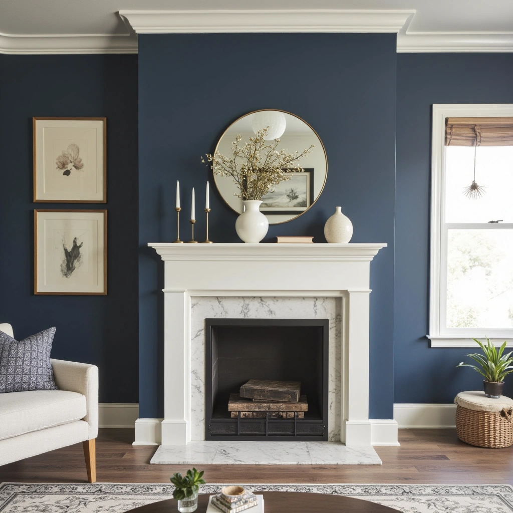 8. Navy Blue Fireplace Surround with White Mantel