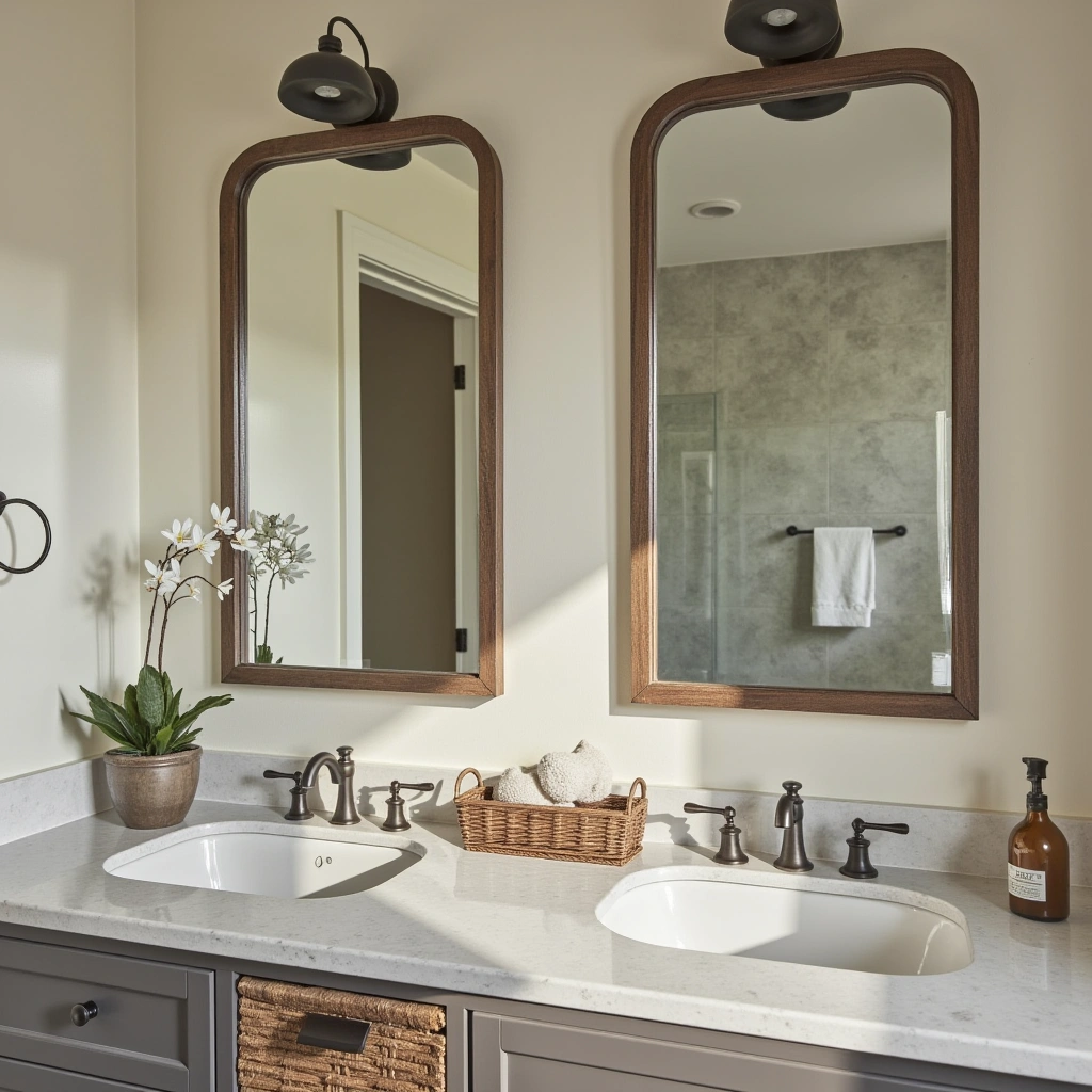 8. Oversized Framed Mirrors with Distressed Wood