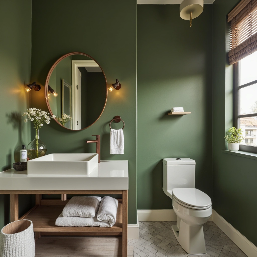 1. Olive Green Walls with White Fixtures