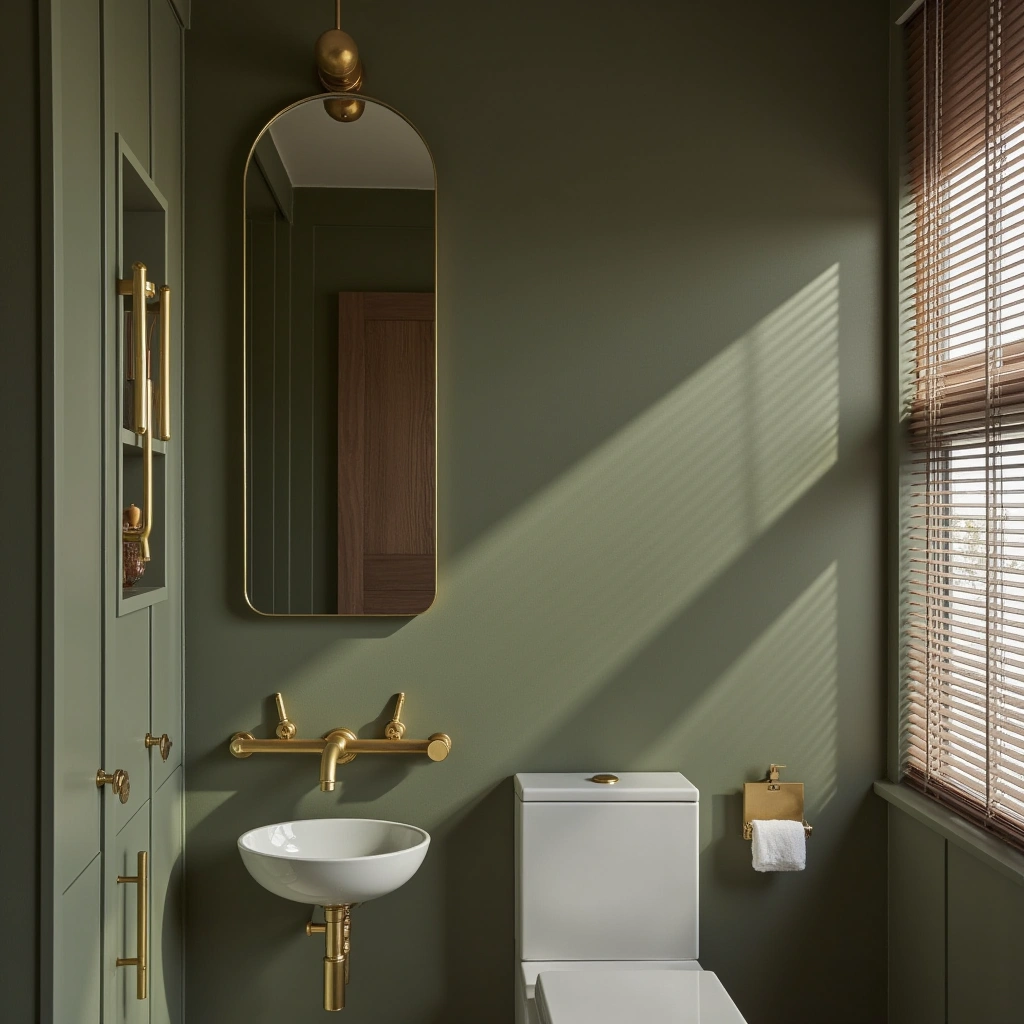 4. Olive Green Bathroom with Brass Accents