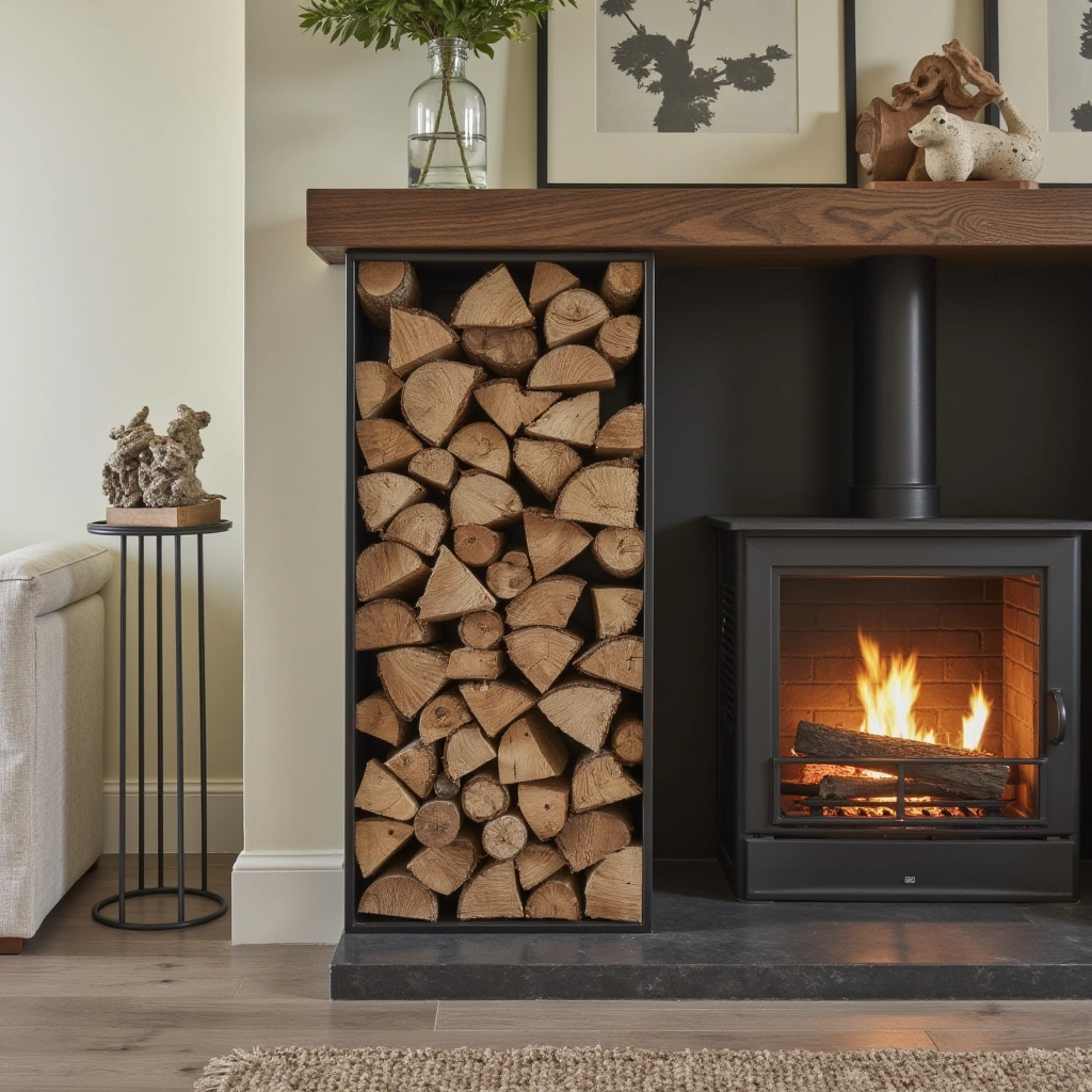9. Rustic Log Stack Fireplace Accent