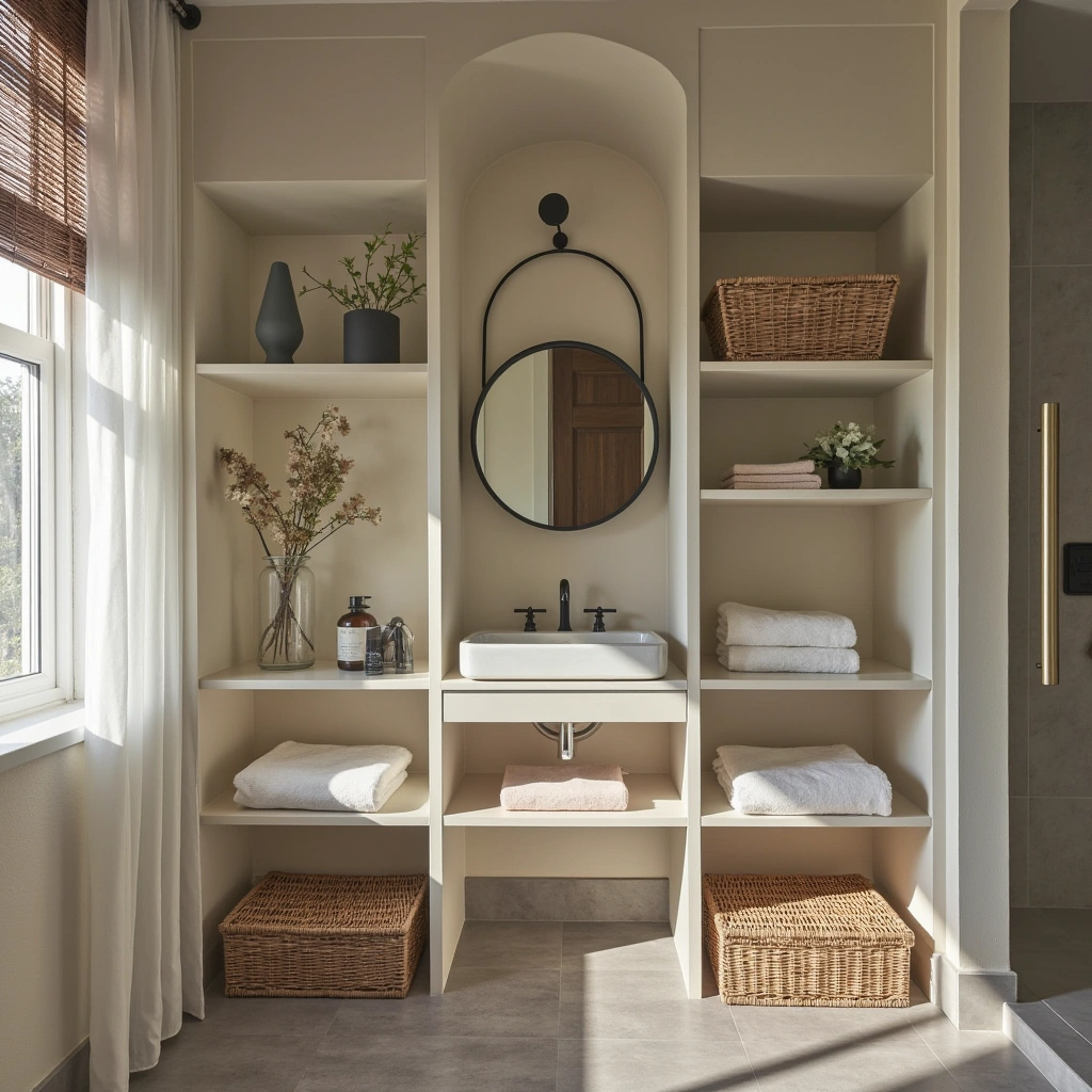 6. Open Shelving with Wicker Baskets