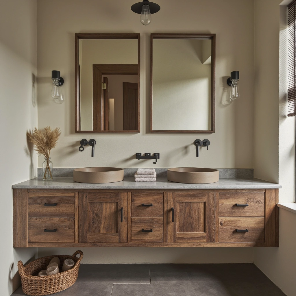 7. Distressed Wood Vanity with Ceramic Fixtures