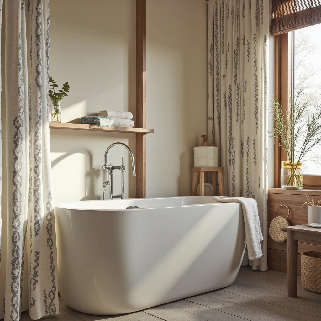 9. Compact Bathtubs with Textured Shower Curtains