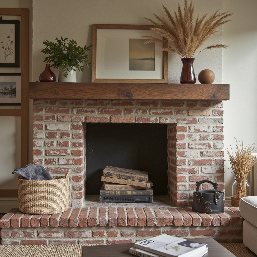 11. Exposed Brick Fireplace with Chunky Wooden Mantel