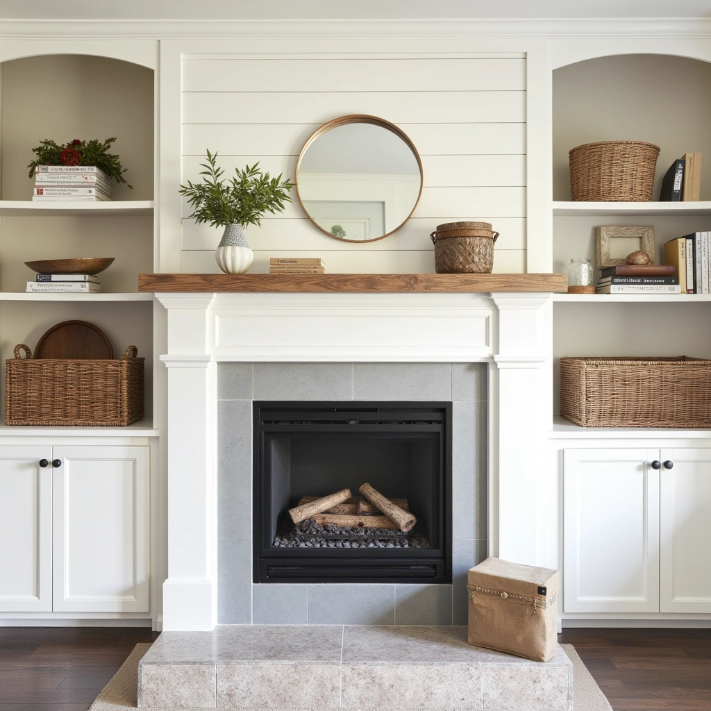 12. Shiplap Fireplace with Built-In Shelves
