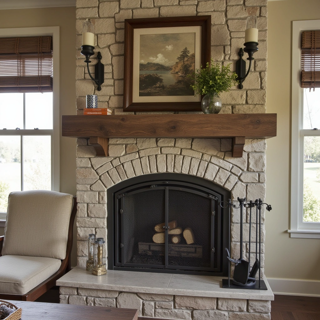 16. Stone Hearth Fireplace with Iron Accents