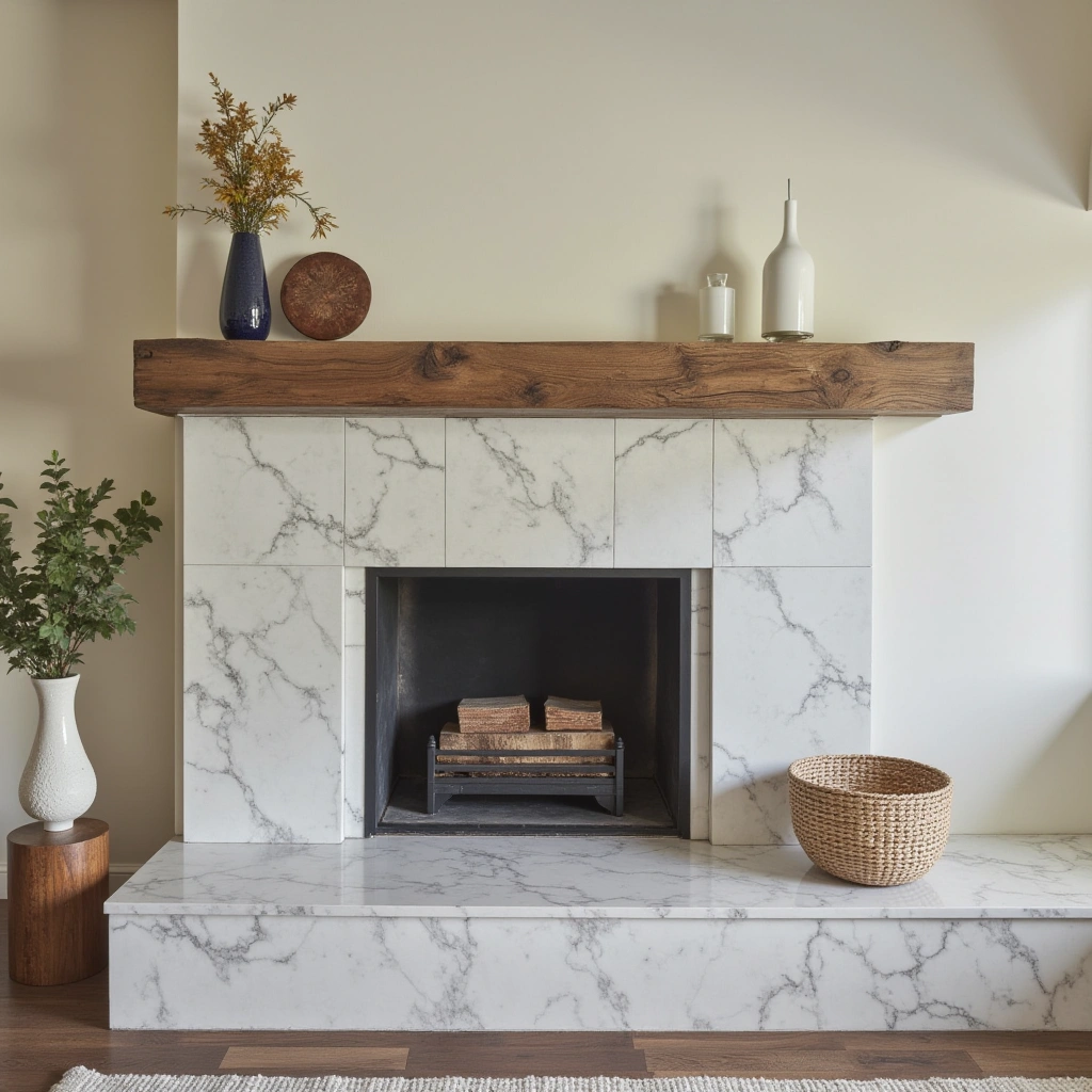 14. Marble Fireplace with Rustic Wood Mantel