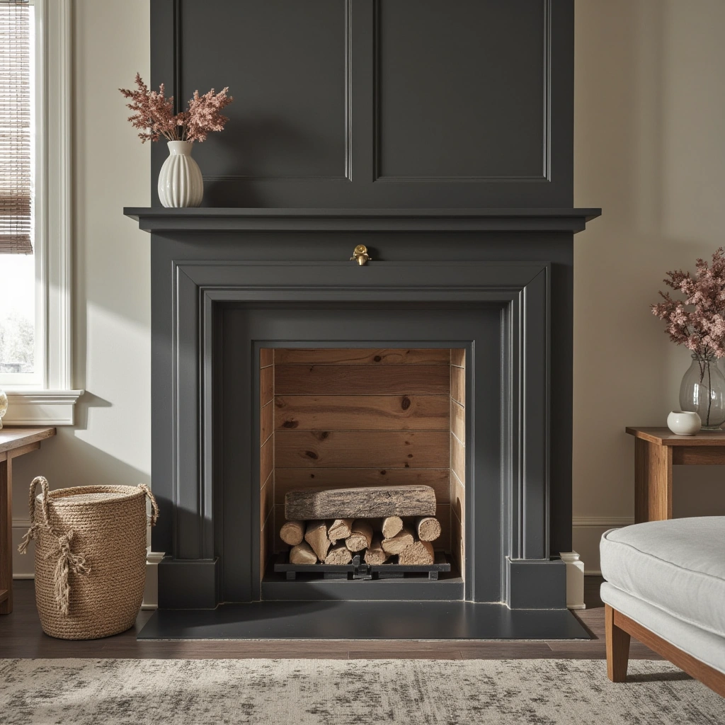 20. Black Fireplace with Wooden Accent Wall