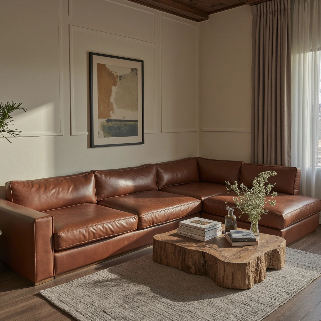 4. Rustic Leather Sectional for Warmth and Character