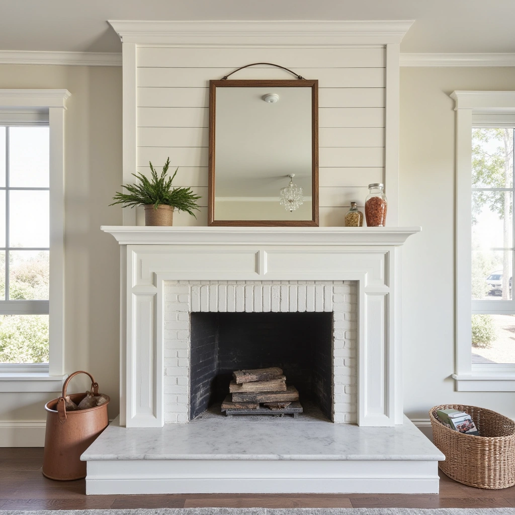 2. Painted White Wood Mantel with Shiplap Backing