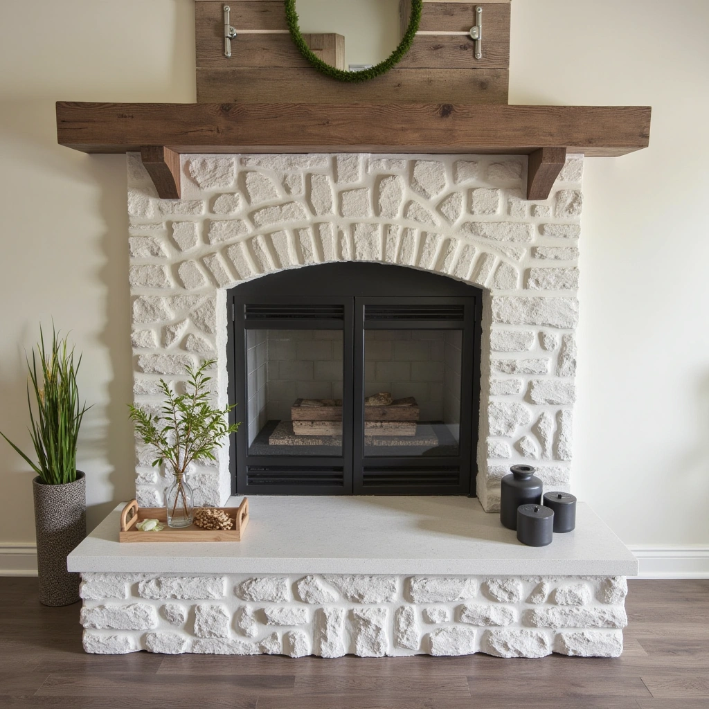 5. Stone Surround with Rustic Wood Mantel