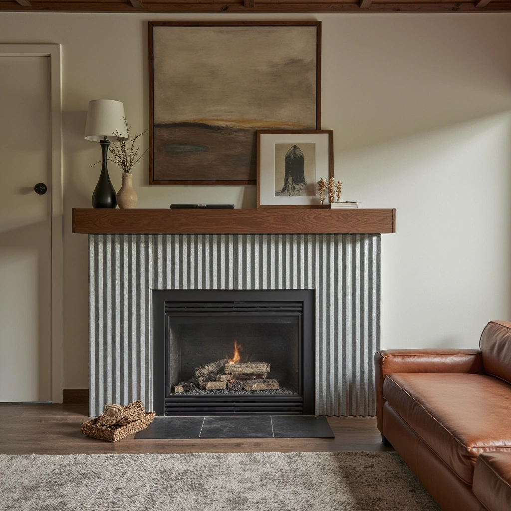 11. Corrugated Metal Accent with Wood Mantel