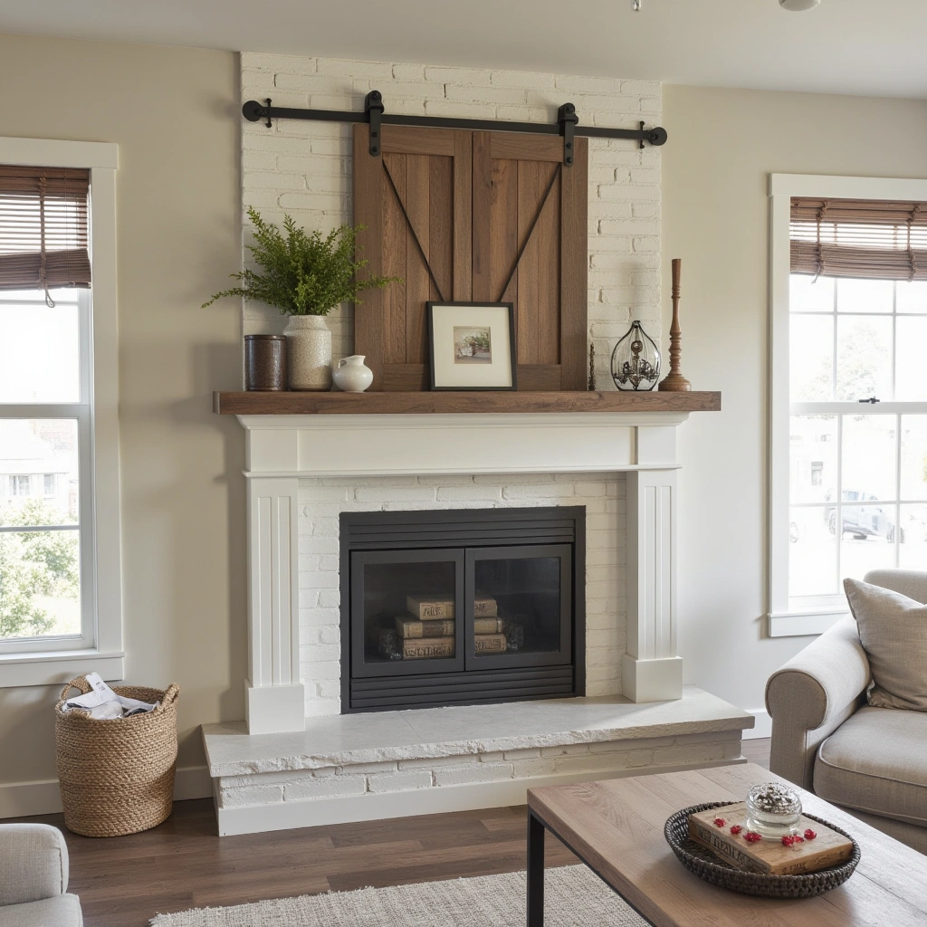 14. Barn Door Style Sliding Mantel Shelf