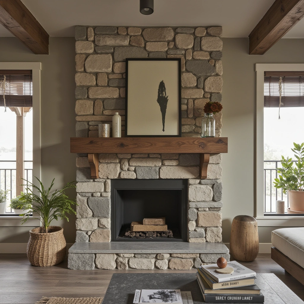 4. Stone Surround with Wooden Mantel