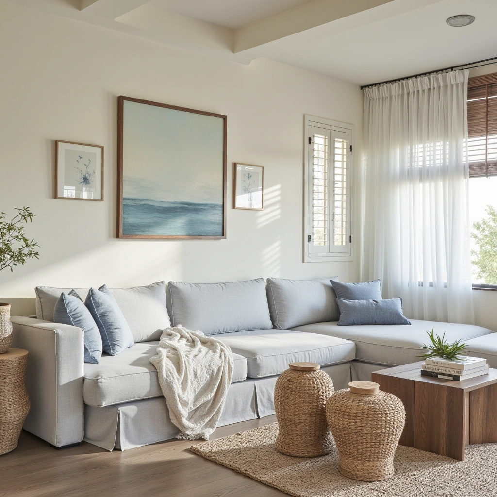 14. Coastal Sectional Living Room with Light Blues and Whites