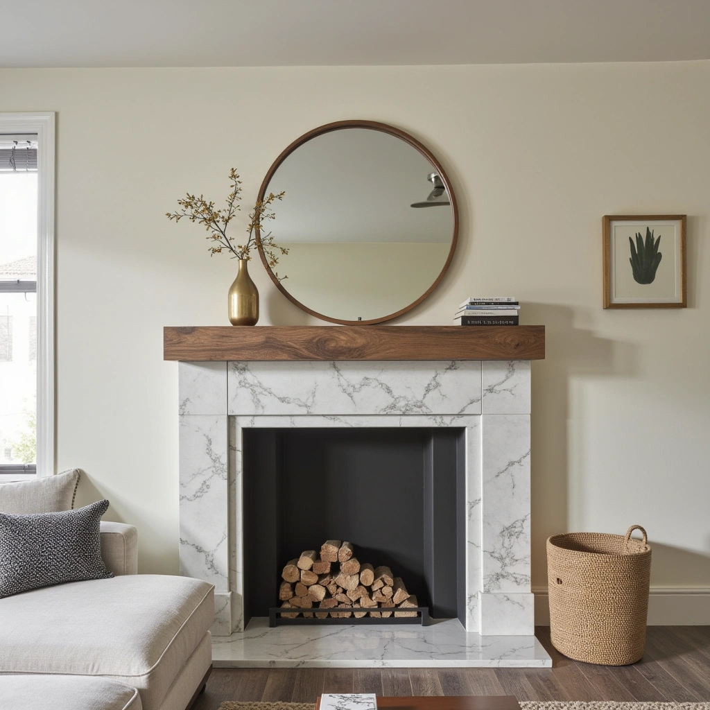 8. Marble Fireplace Mantel with Wood Accents