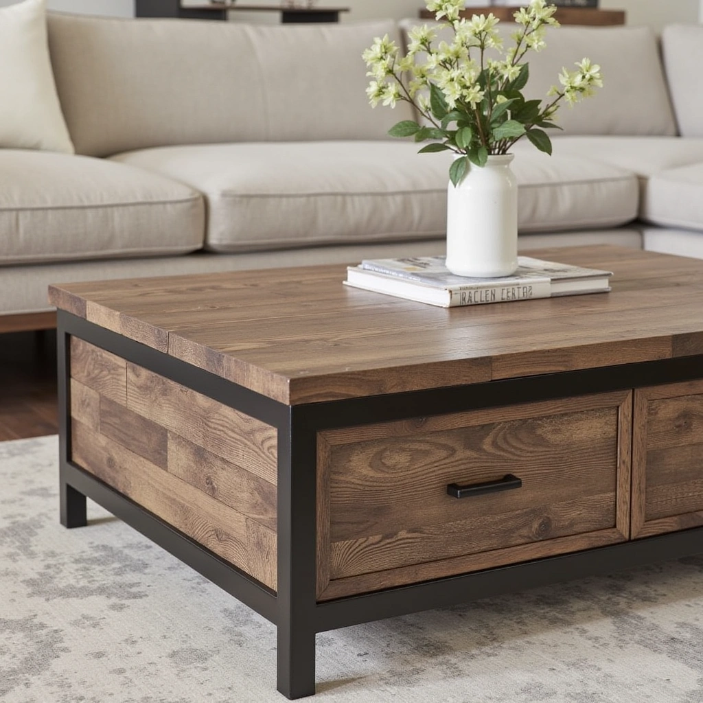 12. Rustic Coffee and Side Tables That Anchor the Room