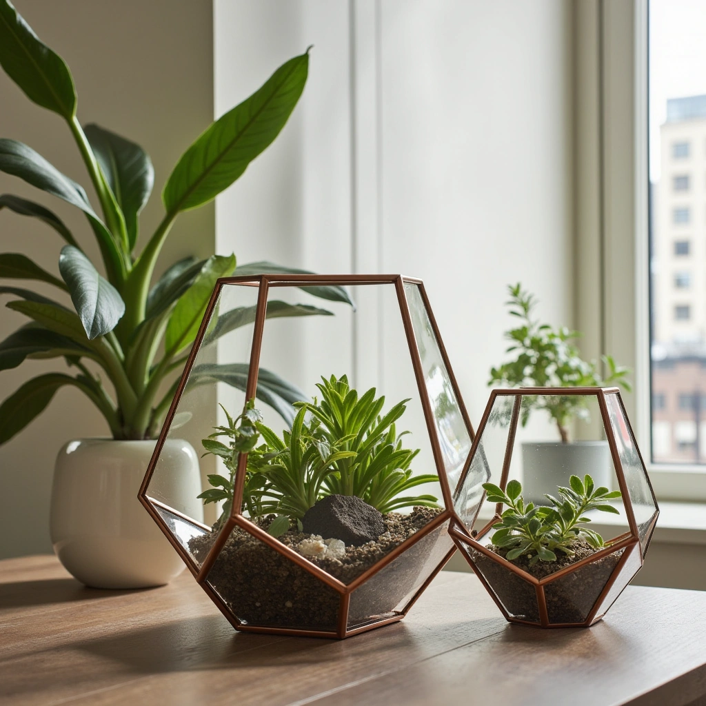 4. Geometric Orchid Terrarium with Metallic Frame