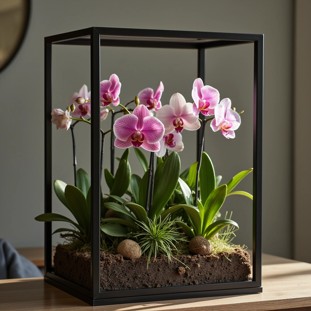 15. Modern Black Frame Orchid Terrarium