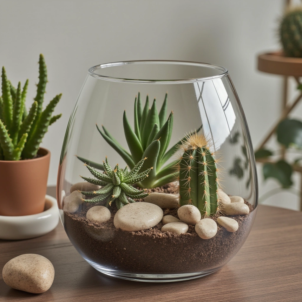 21. Desert Cactus Terrarium with Stones