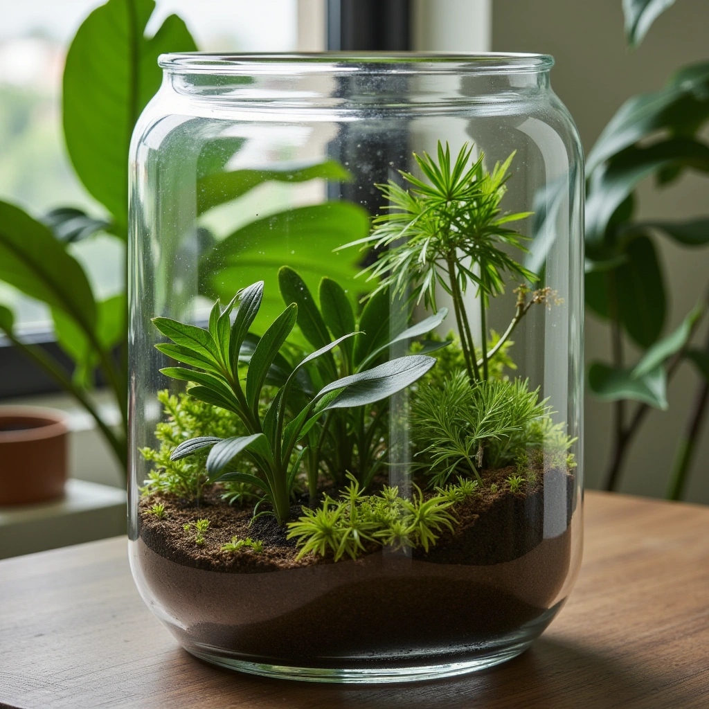 19. Mini Palm and Tropical Leaf Terrarium